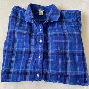 L.L. Bean Women’s Blue Plaid Linen Shirt Size Medium